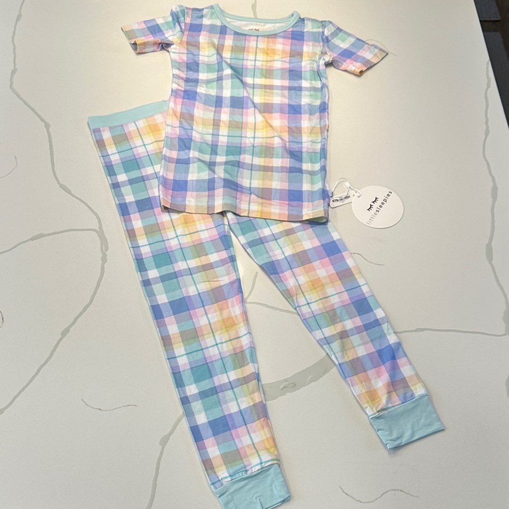 NWT Little Sleepies Easter pastel plaid size 7/8 short sleeve with pants 💜🐰🩵